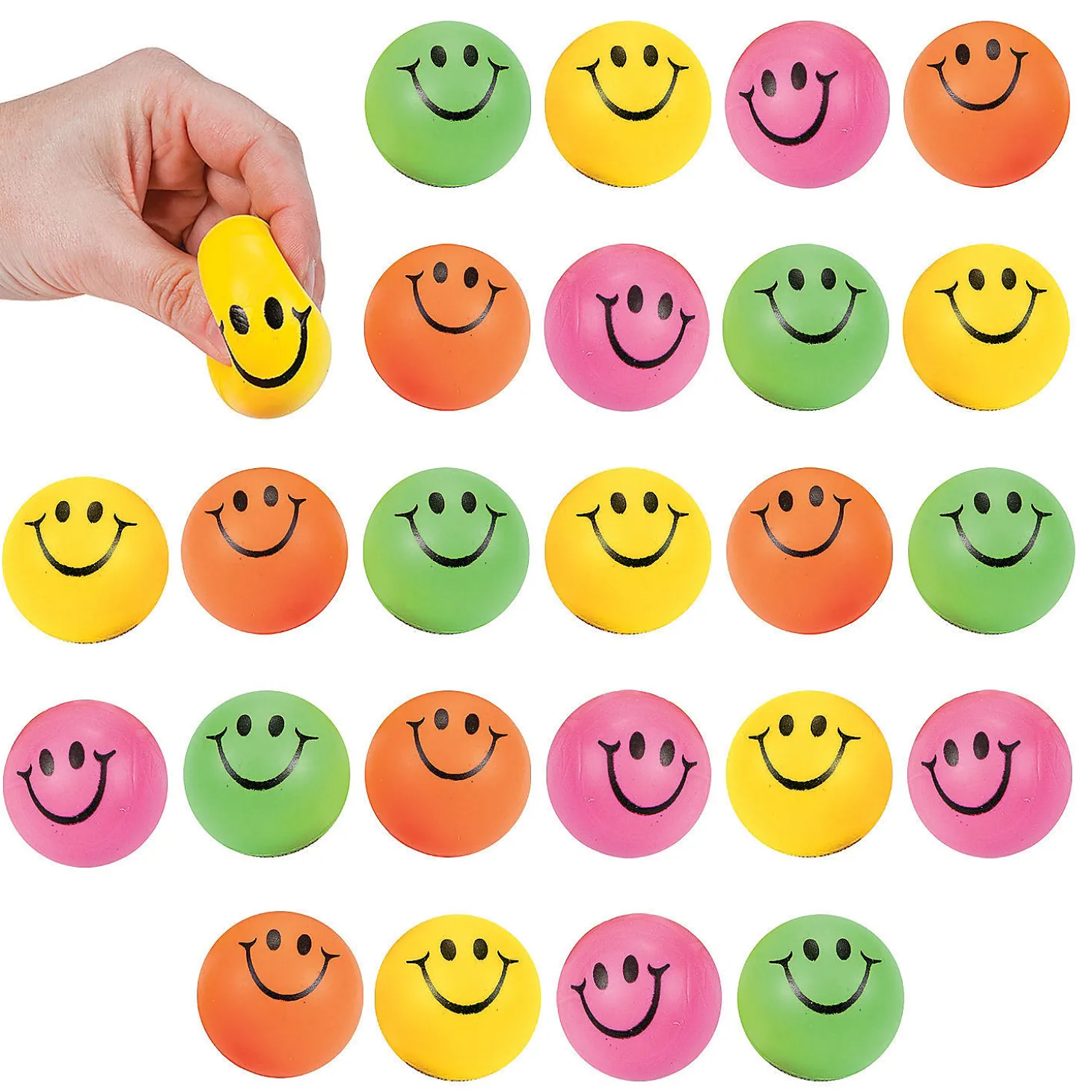 Mini Neon Smile Face Stress Balls - 24 Pc.