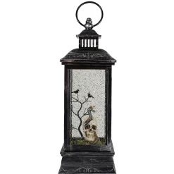 Northlight 11" Black And Brushed Silver Led Skull Head Halloween Snow Globe Lantern