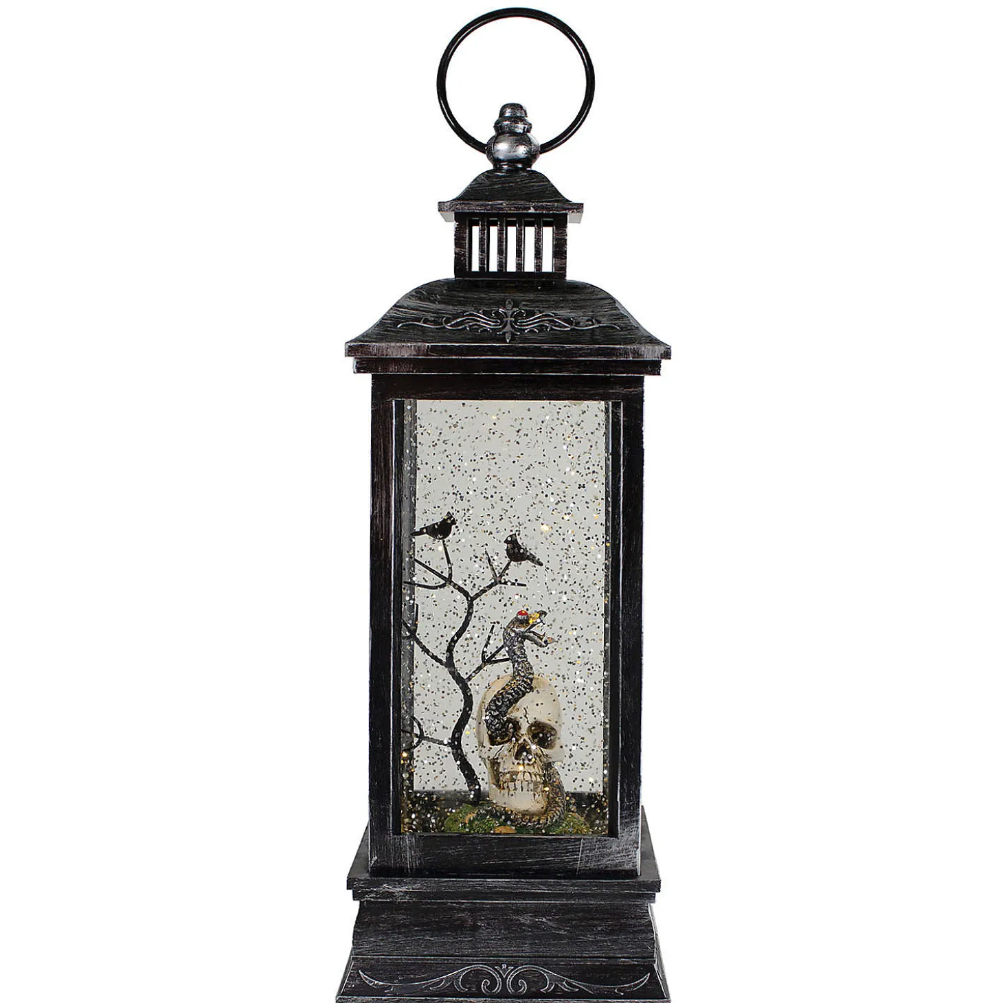 Northlight 11" Black And Brushed Silver Led Skull Head Halloween Snow Globe Lantern