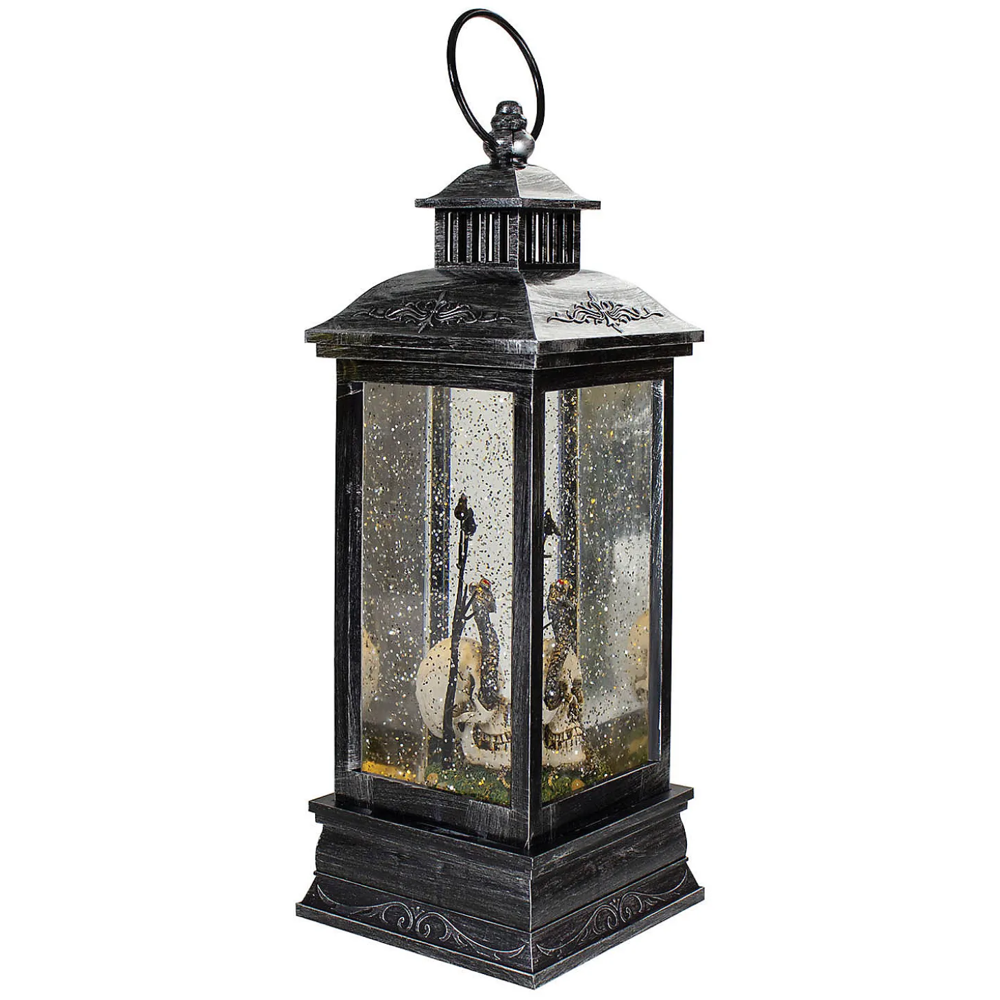 Northlight 11" Black And Brushed Silver Led Skull Head Halloween Snow Globe Lantern