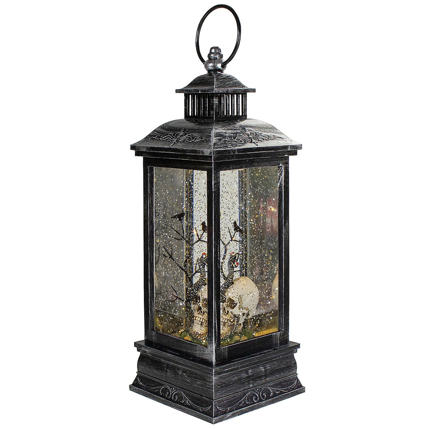 Northlight 11" Black And Brushed Silver Led Skull Head Halloween Snow Globe Lantern