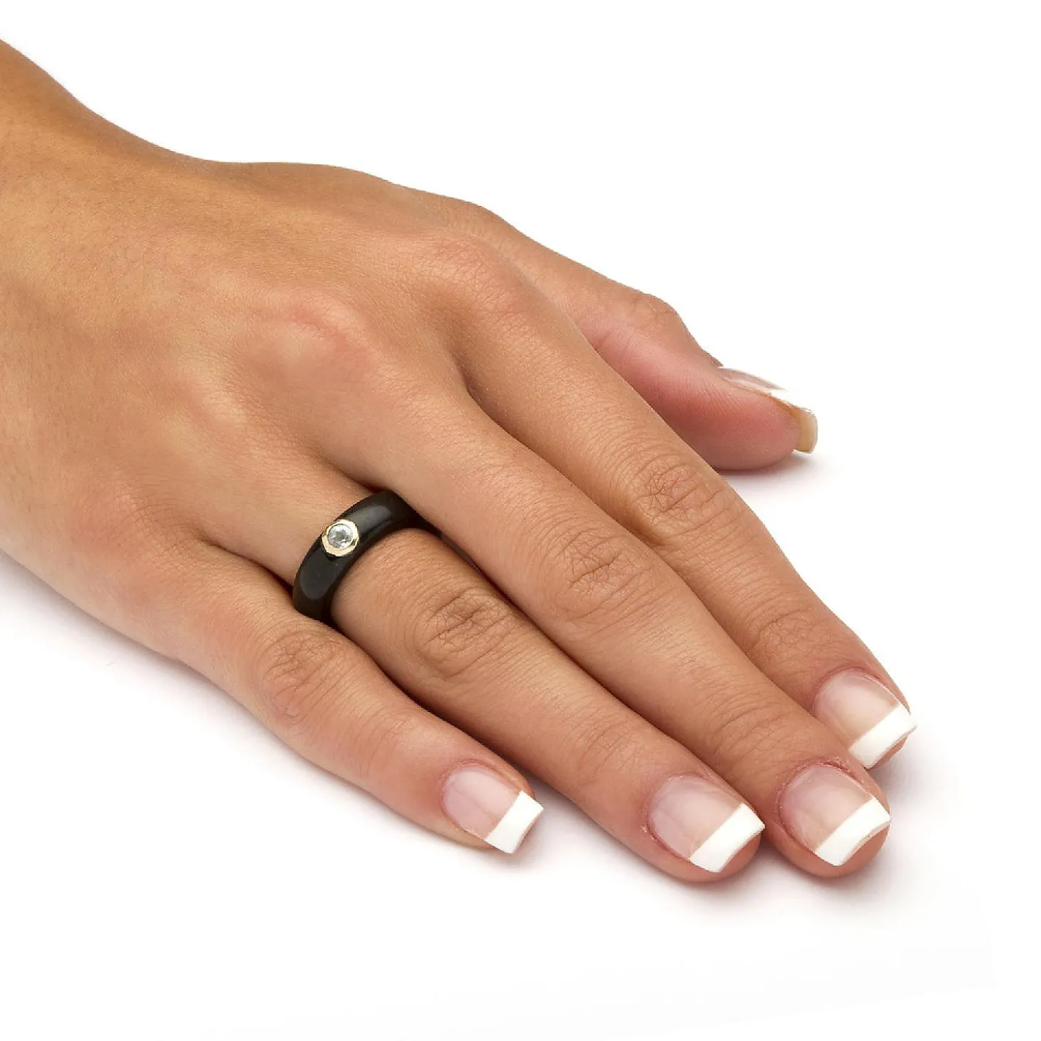 Palmbeach Jewelry 10K Yellow Gold Round Genuine Topaz Black Genuine Jade Bezel Set Ring Sizes 5-10