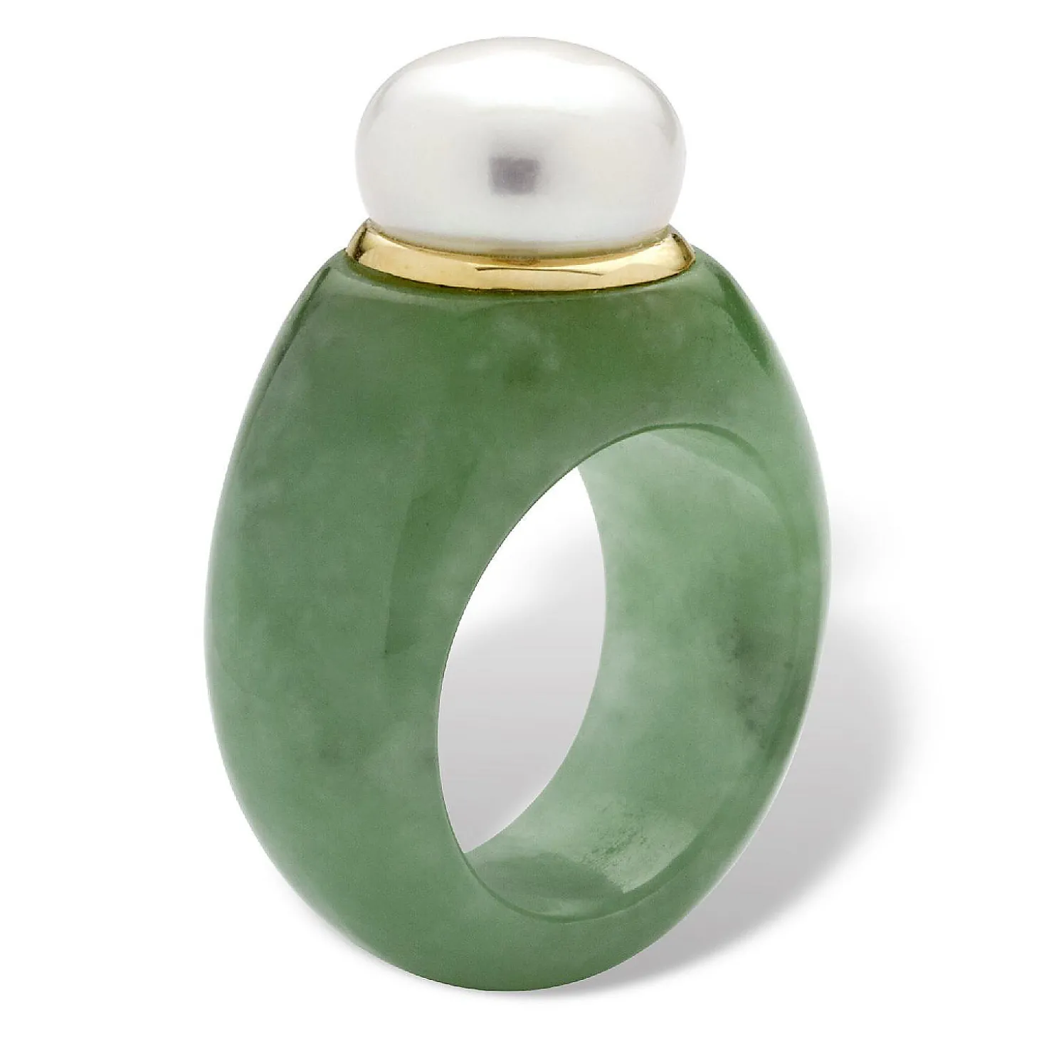 Palmbeach Jewelry 10K Yellow Gold Round Genuine Cultured Freshwater Pearl And Genuine Green Jade Ring Sizes 6-10