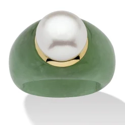 Palmbeach Jewelry 10K Yellow Gold Round Genuine Cultured Freshwater Pearl And Genuine Green Jade Ring Sizes 6-10
