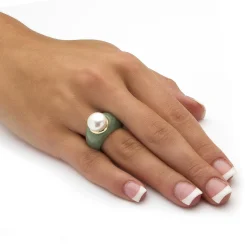 Palmbeach Jewelry 10K Yellow Gold Round Genuine Cultured Freshwater Pearl And Genuine Green Jade Ring Sizes 6-10