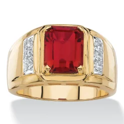 Palmbeach Jewelry Men's 18K Yellow Gold Plated Cushion Cut Red Genuine Garnet Round Genuine Diamond Ring (1/5 Cttw, I Color, I3 Clarity)