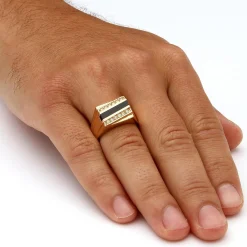 Palmbeach Jewelry Men's Yellow Gold-Plated Emerald Natural Black Onyx And Round Crystal Ring Sizes 8-13