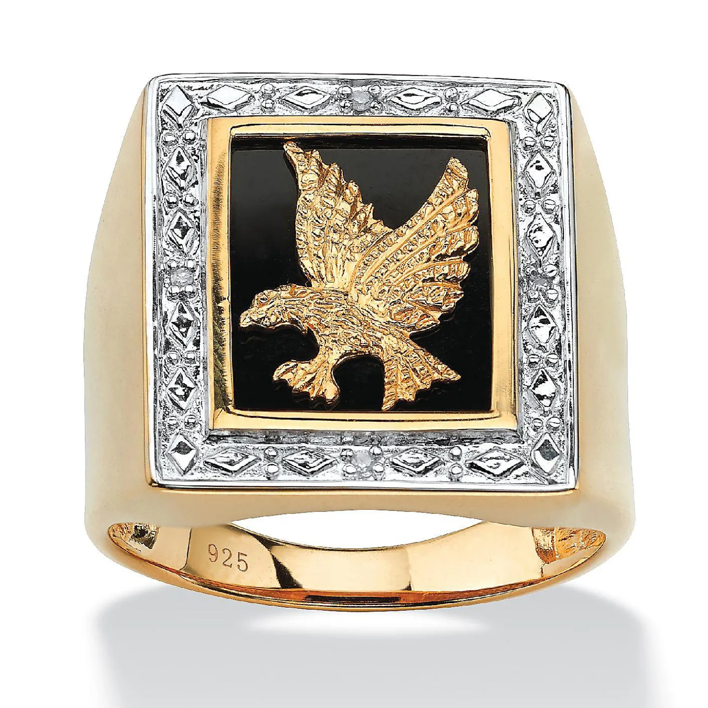 Palmbeach Jewelry Men's Yellow Gold-Plated Sterling Silver Genuine Diamond Accent Black Natural Onyx Eagle Ring Sizes 8-16