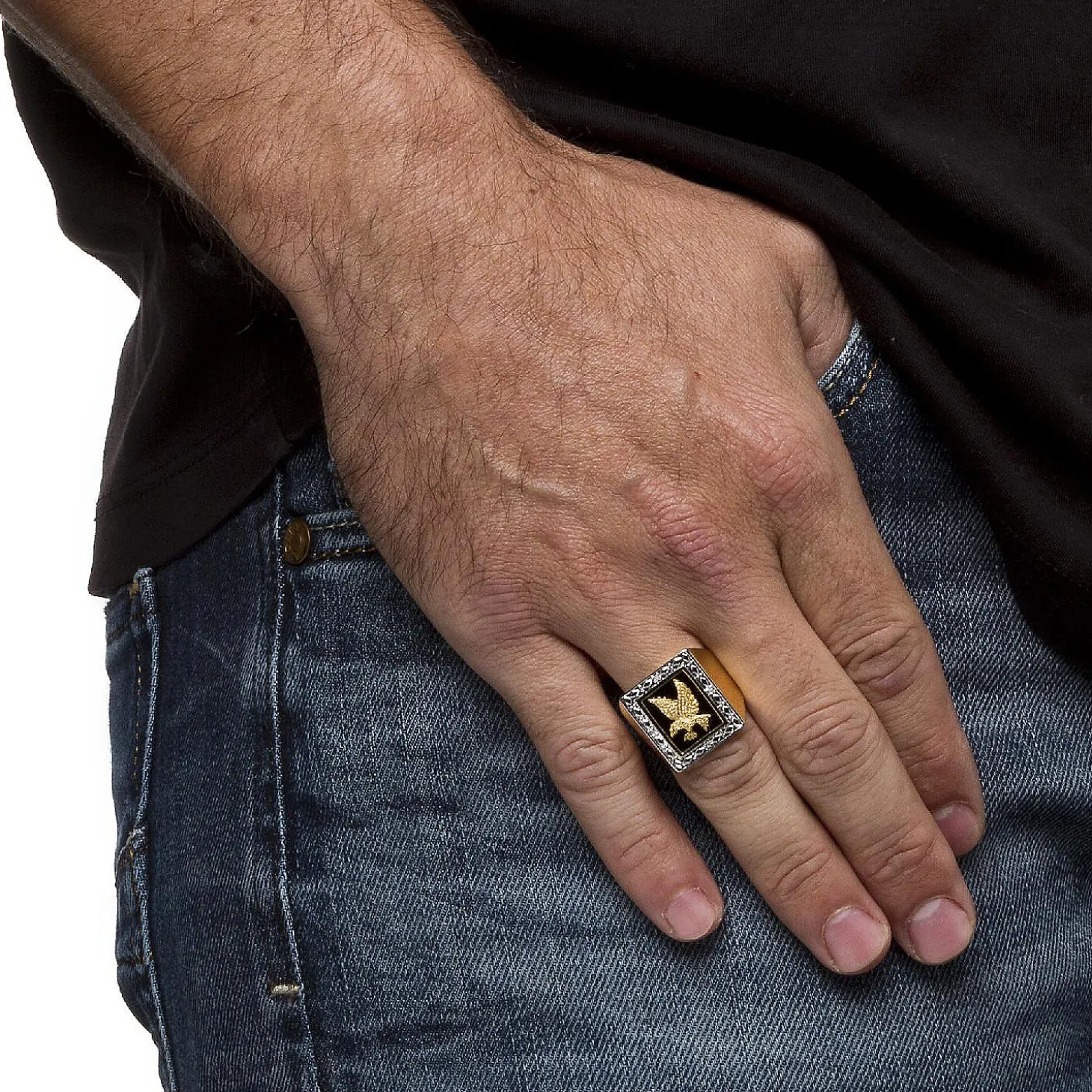 Palmbeach Jewelry Men's Yellow Gold-Plated Sterling Silver Genuine Diamond Accent Black Natural Onyx Eagle Ring Sizes 8-16