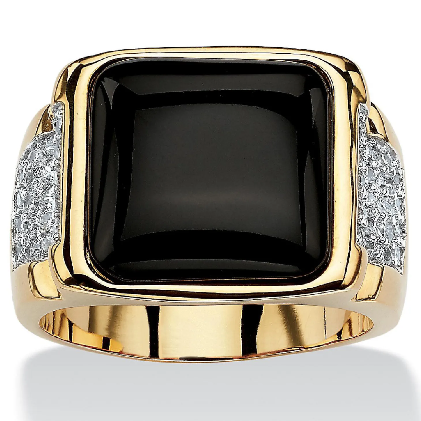 Palmbeach Jewelry Men's Yellow Gold-Plated Cushion Natural Black Onyx And Round Cubic Zirconia Ring Sizes 8-16
