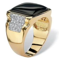 Palmbeach Jewelry Men's Yellow Gold-Plated Cushion Natural Black Onyx And Round Cubic Zirconia Ring Sizes 8-16