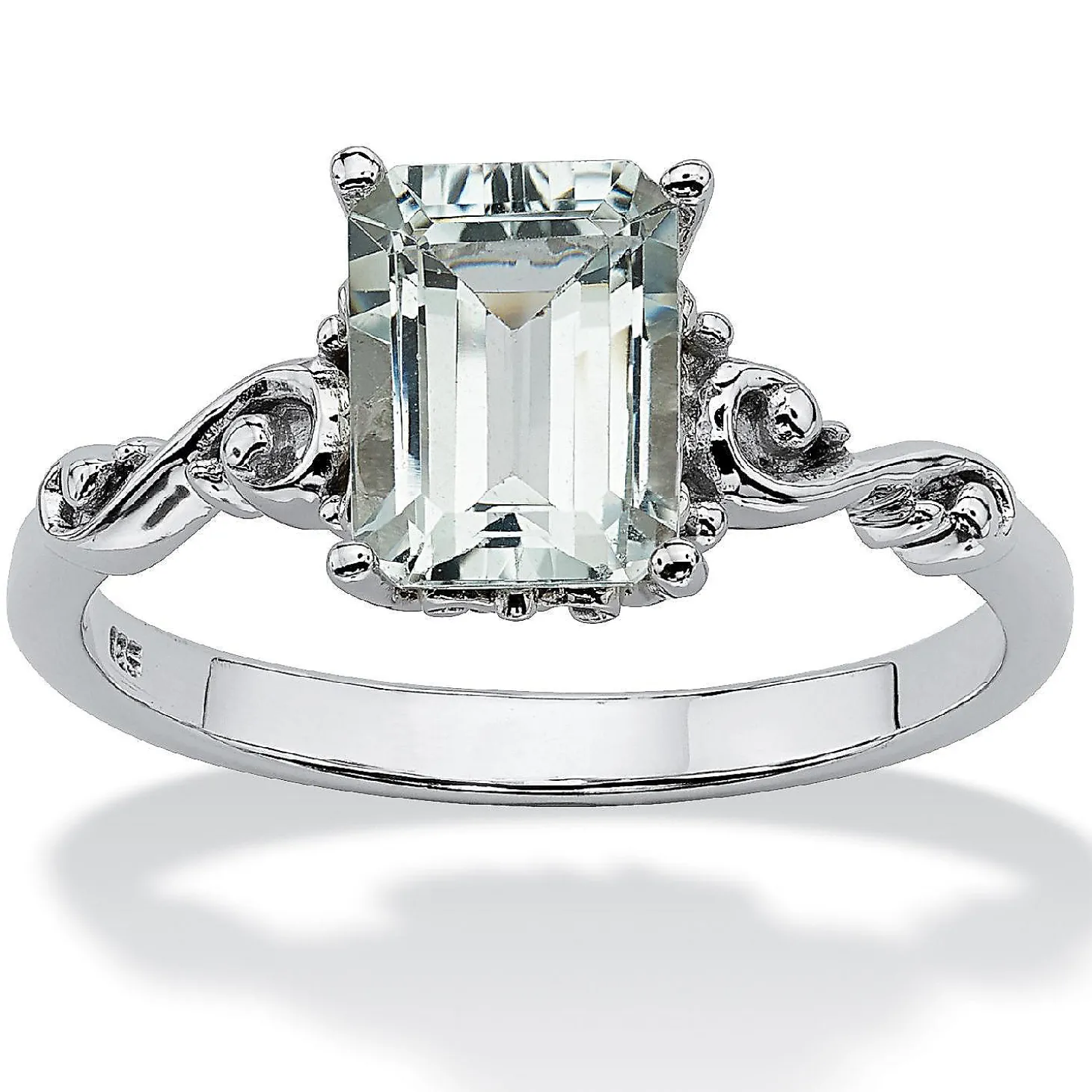 Palmbeach Jewelry Platinum-Plated Sterling Silver Emerald Cut Genuine Aquamarine Scrolling Shank Ring Sizes 5-10
