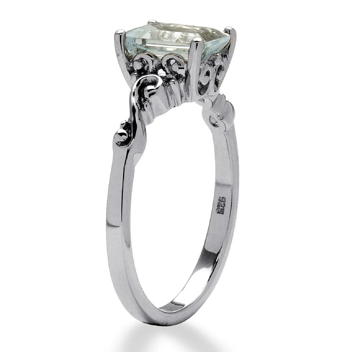 Palmbeach Jewelry Platinum-Plated Sterling Silver Emerald Cut Genuine Aquamarine Scrolling Shank Ring Sizes 5-10