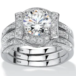 Palmbeach Jewelry Platinum-Plated Sterling Silver Round Cubic Zirconia Jacket Bridal Ring Set Sizes 5-10