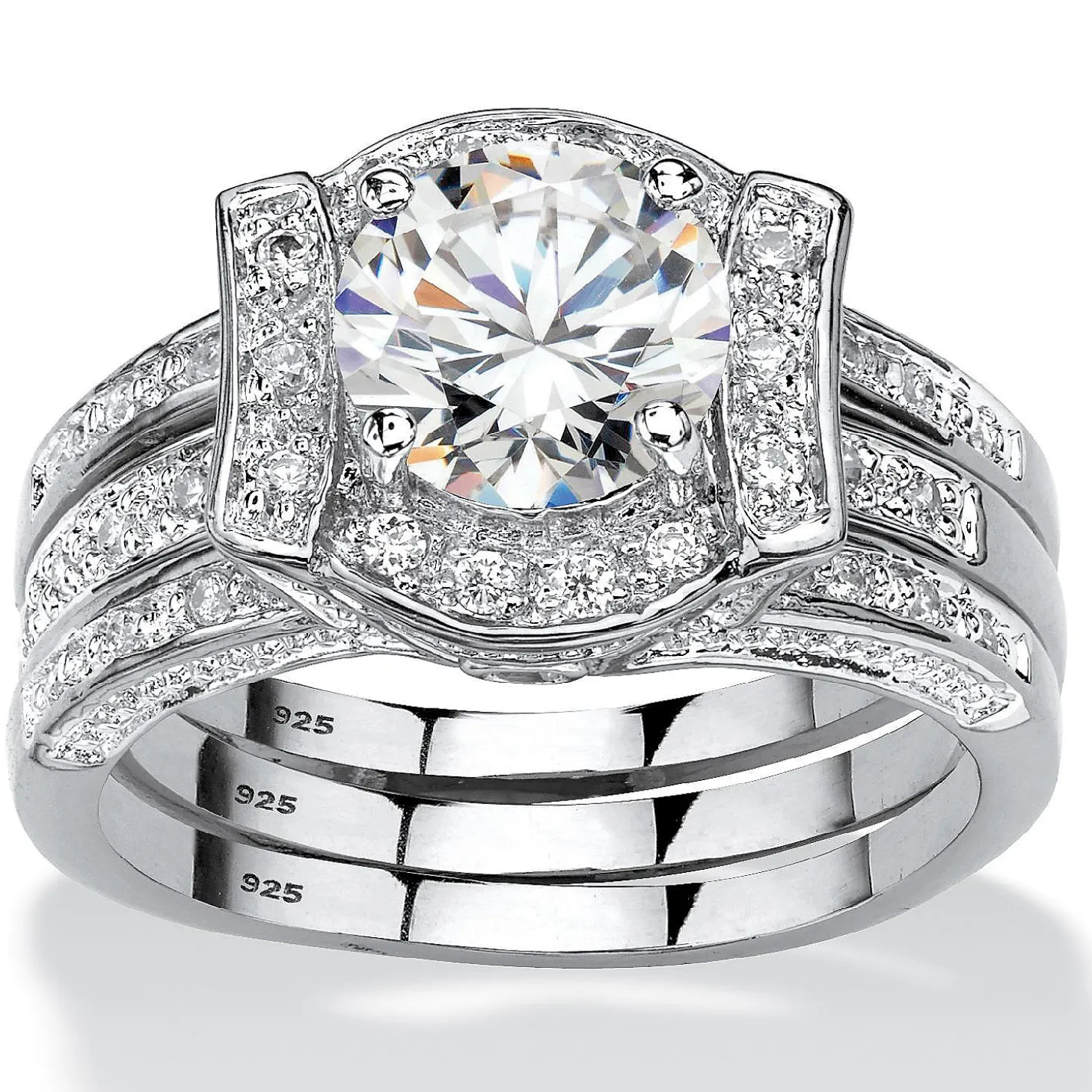 Palmbeach Jewelry Platinum-Plated Sterling Silver Round Cubic Zirconia Jacket Bridal Ring Set Sizes 5-10