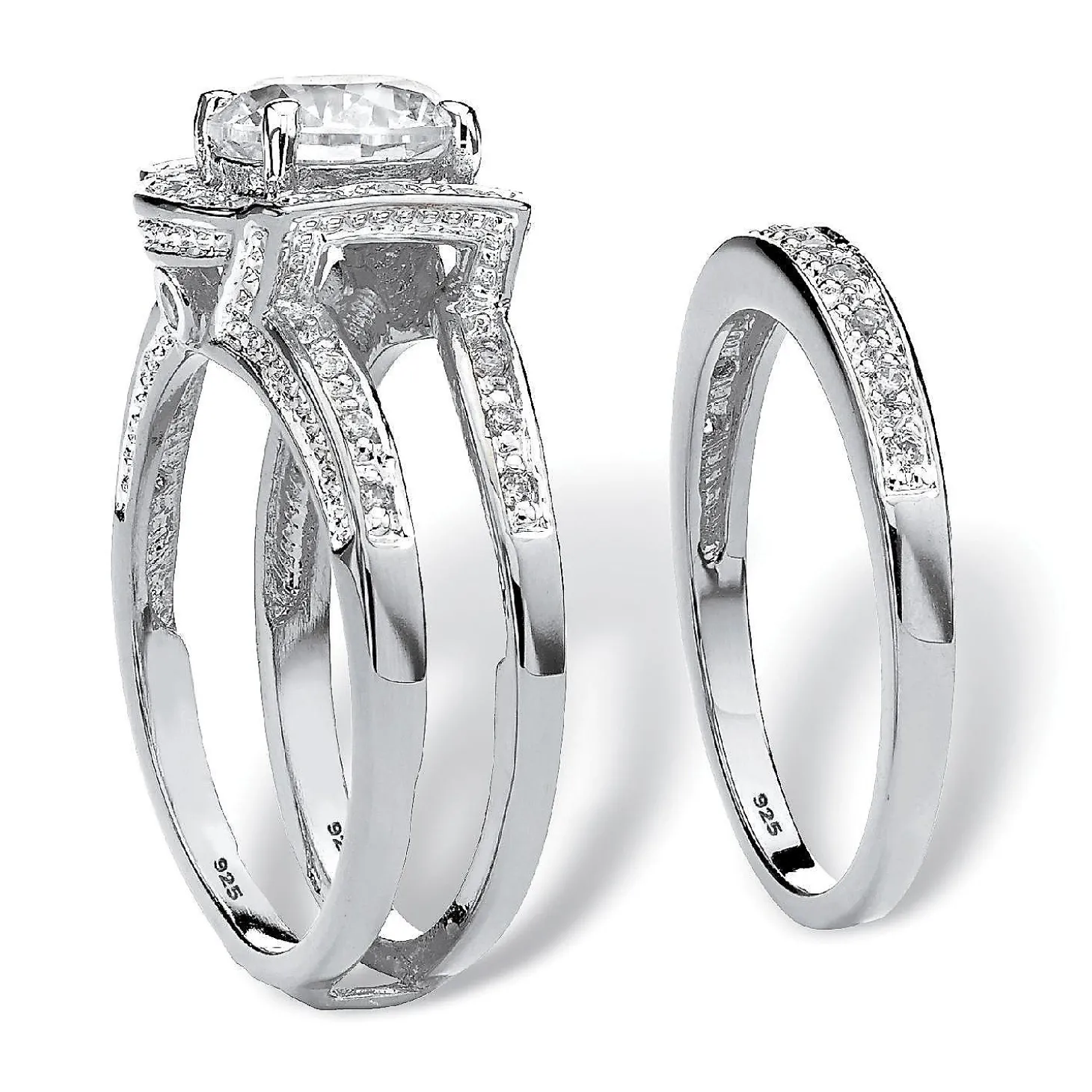 Palmbeach Jewelry Platinum-Plated Sterling Silver Round Cubic Zirconia Jacket Bridal Ring Set Sizes 5-10