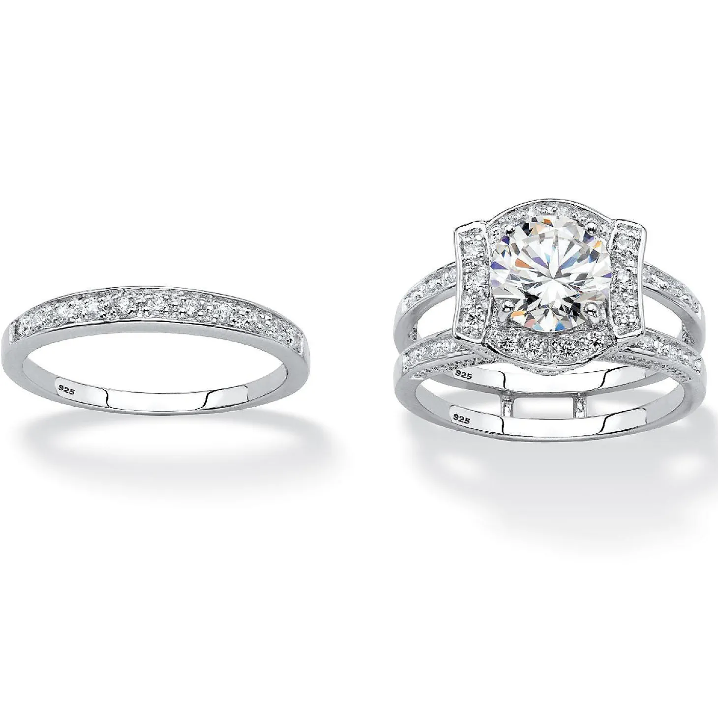 Palmbeach Jewelry Platinum-Plated Sterling Silver Round Cubic Zirconia Jacket Bridal Ring Set Sizes 5-10