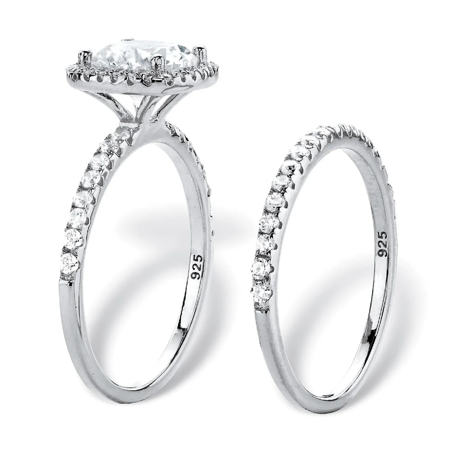 Palmbeach Jewelry Platinum-Plated Sterling Silver Round Cubic Zirconia Halo Bridal Ring Set Sizes 6-10