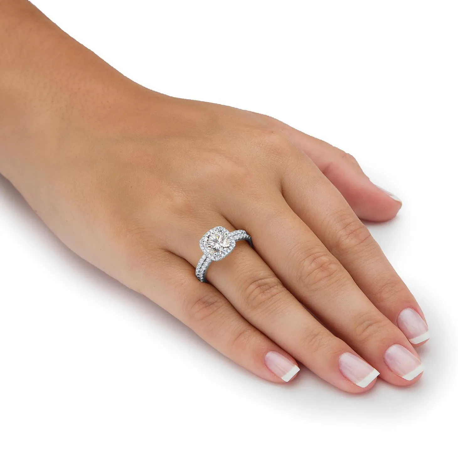 Palmbeach Jewelry Platinum-Plated Sterling Silver Round Cubic Zirconia Halo Bridal Ring Set Sizes 6-10