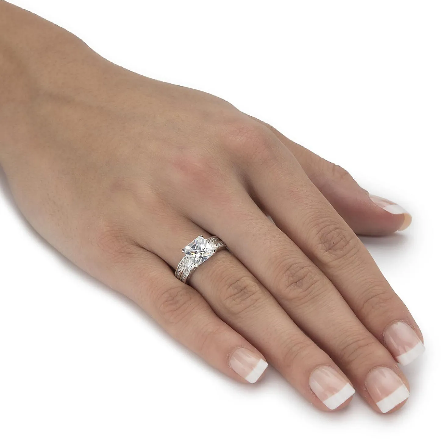 Palmbeach Jewelry Platinum-Plated Sterling Silver Princess Cut Cubic Zirconia Bridal Ring Set Sizes 6-10