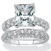 Palmbeach Jewelry Platinum-Plated Emerald Cut Cubic Zirconia Bridal Ring Set Sizes 5-10