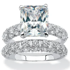 Palmbeach Jewelry Platinum-Plated Emerald Cut Cubic Zirconia Bridal Ring Set Sizes 5-10