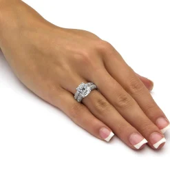 Palmbeach Jewelry Platinum-Plated Emerald Cut Cubic Zirconia Bridal Ring Set Sizes 5-10