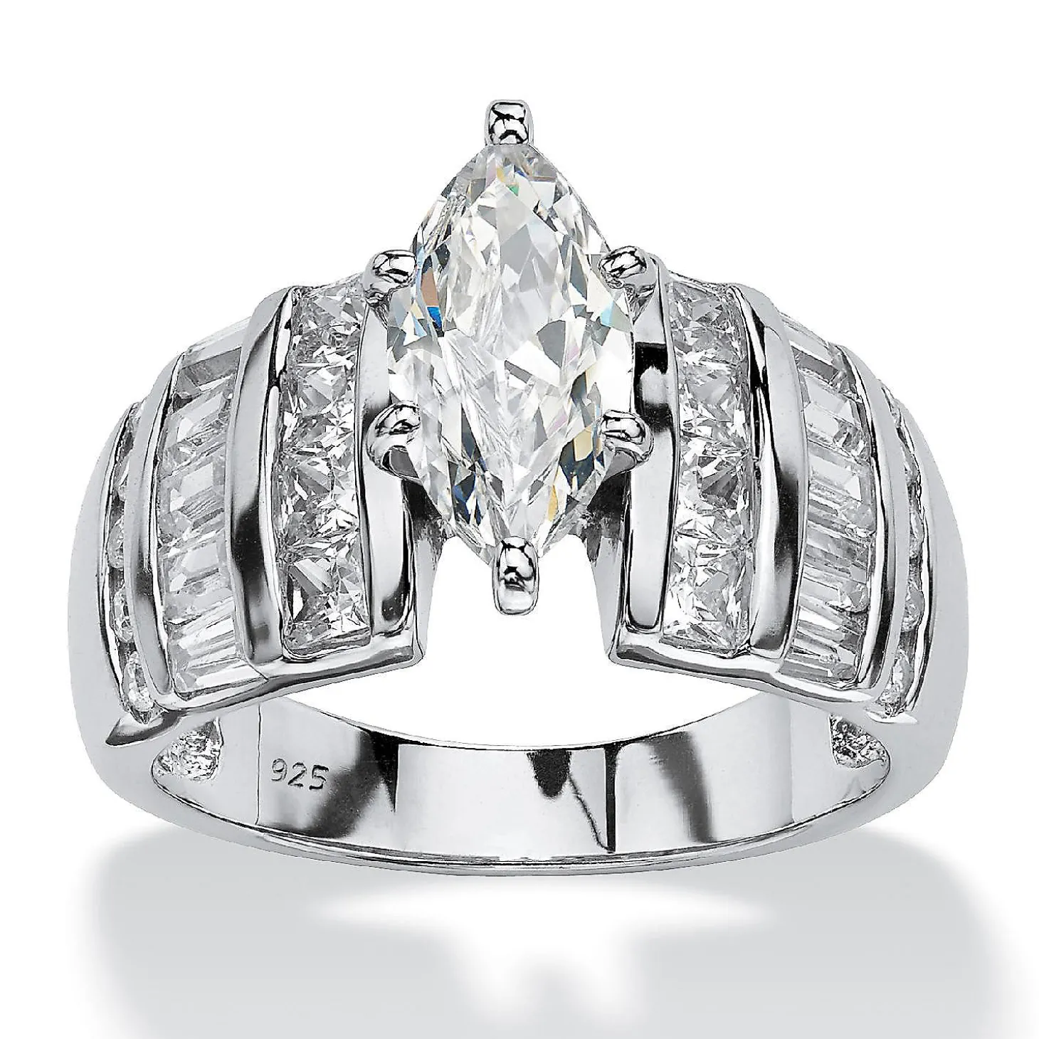 Palmbeach Jewelry Platinum-Plated Sterling Silver Marquise Cut Cubic Zirconia Channel Set Engagement Ring Sizes 7-12