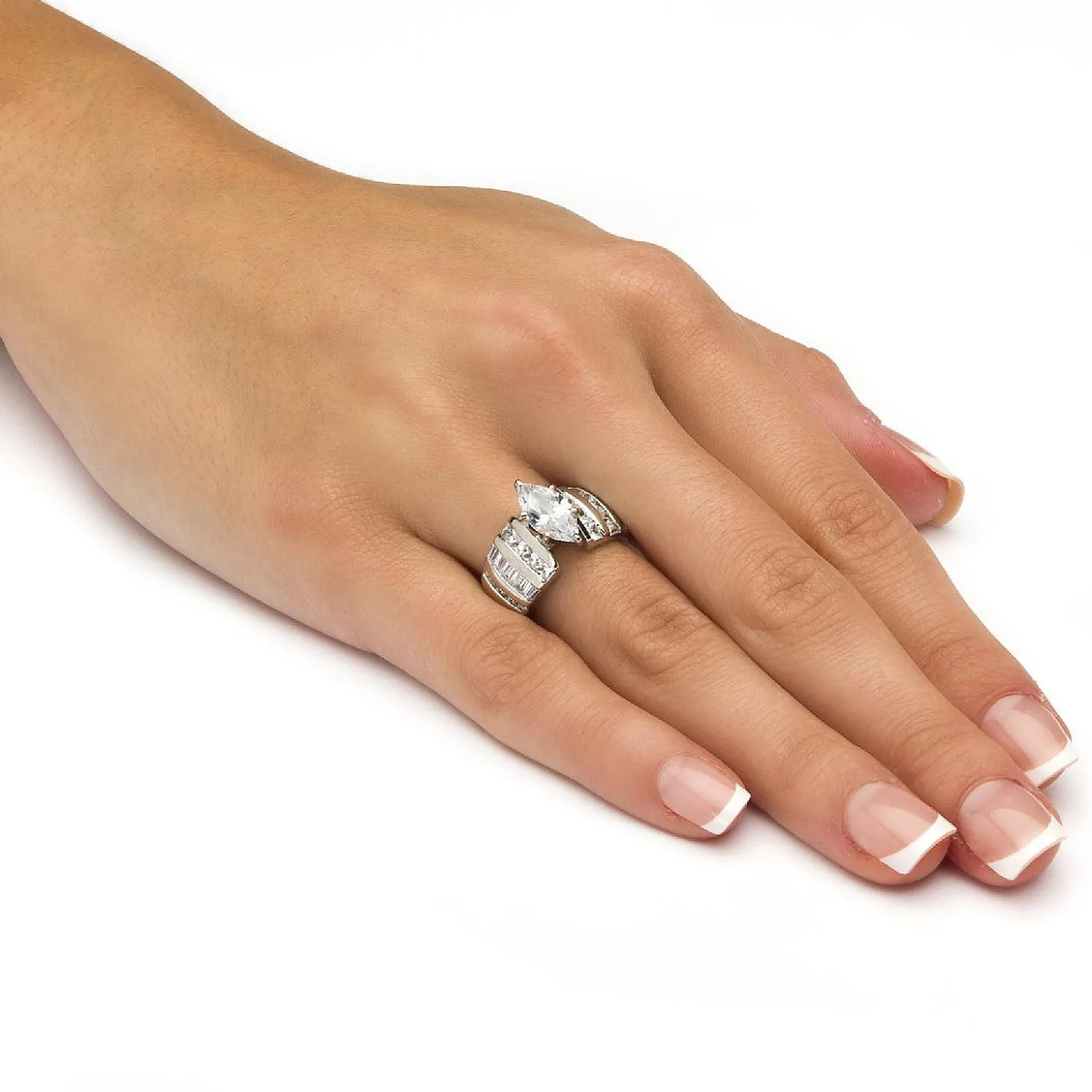 Palmbeach Jewelry Platinum-Plated Sterling Silver Marquise Cut Cubic Zirconia Channel Set Engagement Ring Sizes 7-12