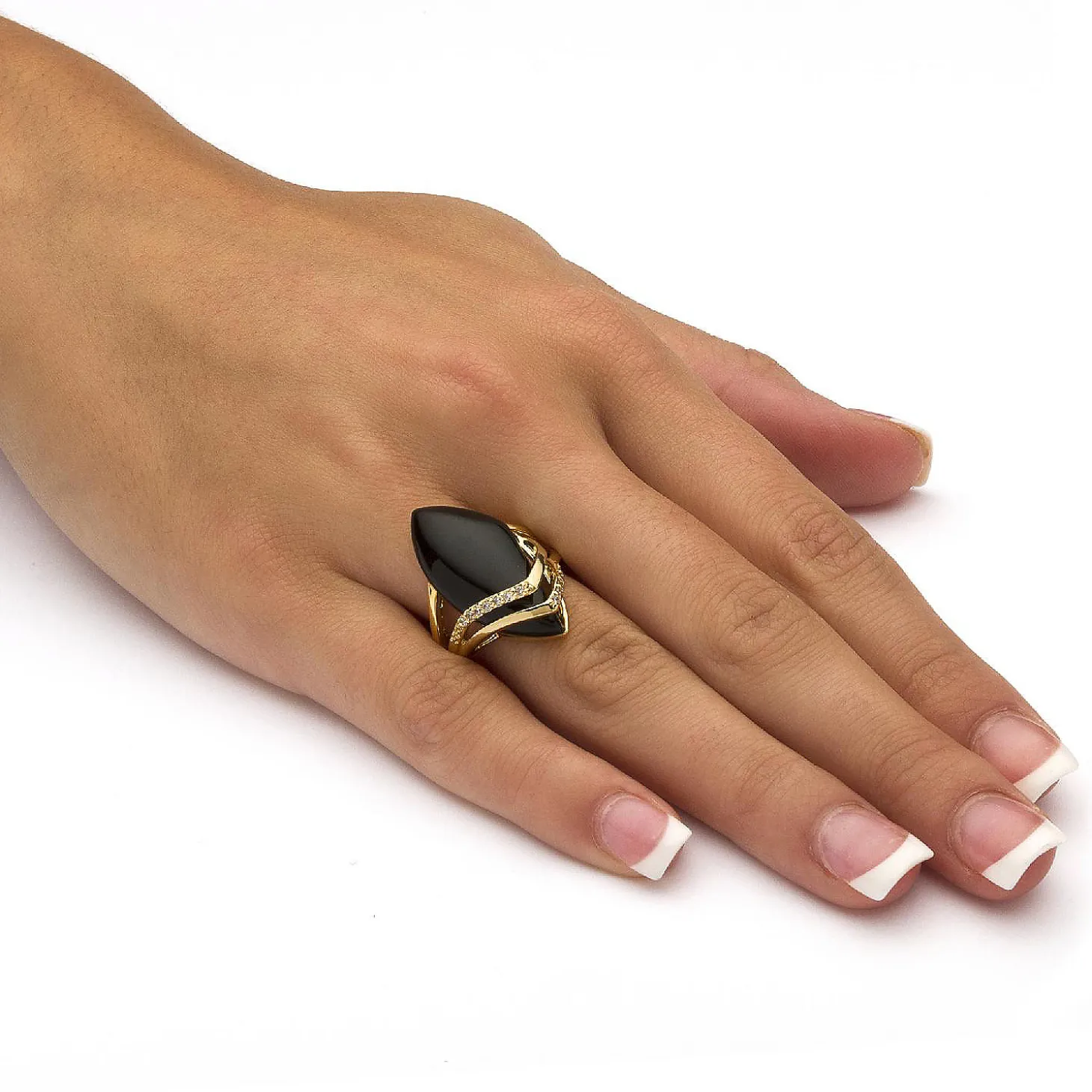 Palmbeach Jewelry Yellow Gold-Plated Marquise Shaped Natural Black Onyx And Round Cubic Zirconia Ring Sizes 6-12
