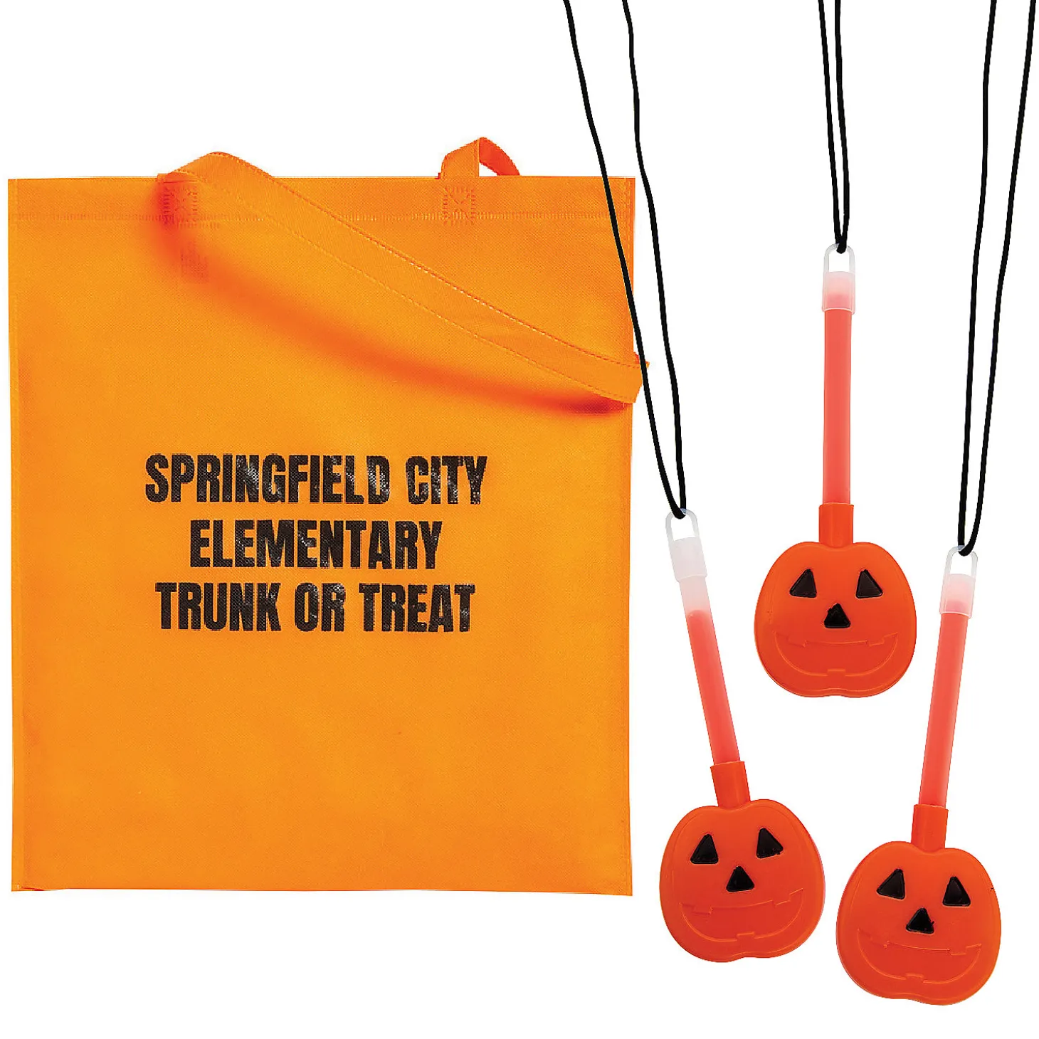 Personalized Halloween Tote Bag & Pumpkin Glow Necklace Kit For 48