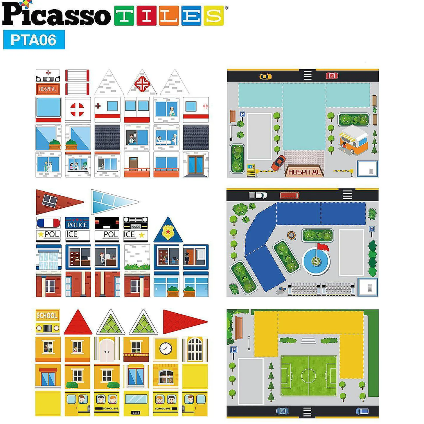 Picassotiles - 80Pc School, Hospital, And Police Station Theme Set Pta06
