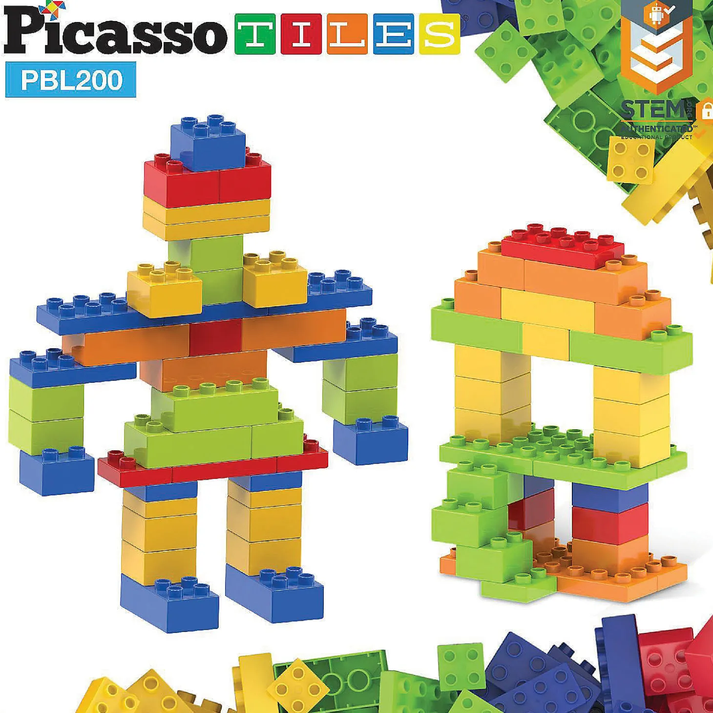 Picassotiles 200 Piece Large Color Vibrant Brick Building Block Kit Pbl200