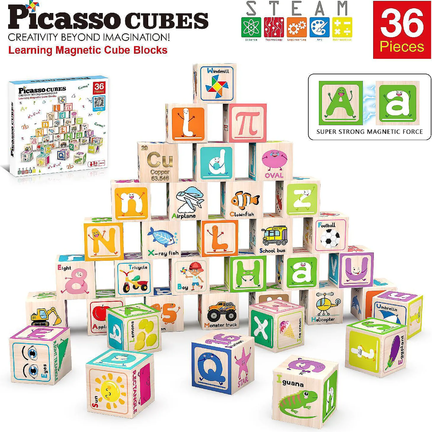 Picassotiles 36 Piece Letter & Alphabet Magnetic Cubes