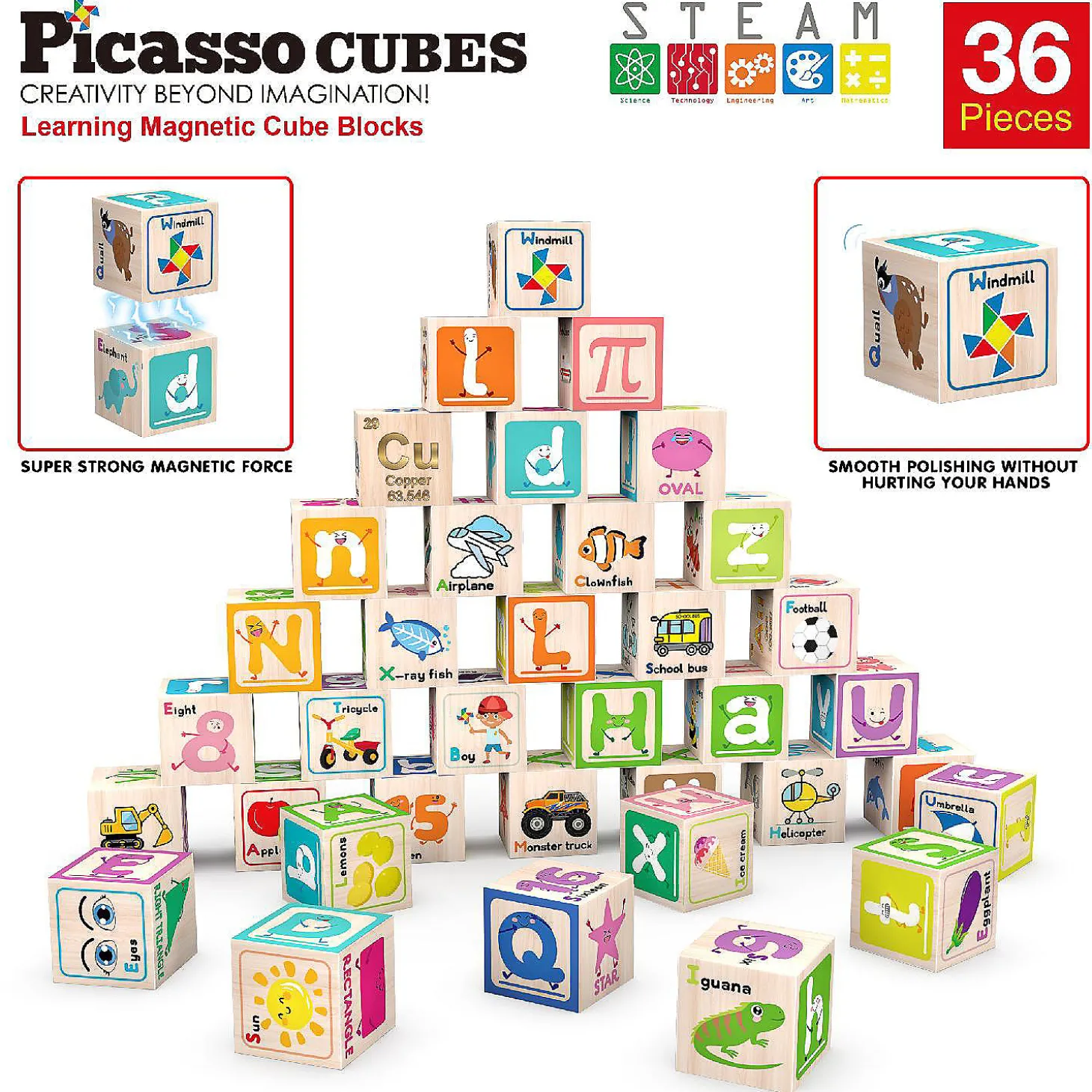 Picassotiles 36 Piece Letter & Alphabet Magnetic Cubes