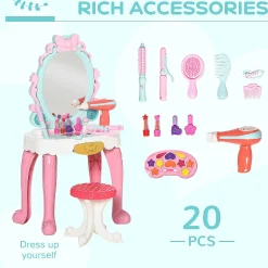 Qaba 20 Pcs Kids Vanity Dressing Table Play Set Musical Beauty Kit Pretend Toy W/ Mirror Lights Make Up Desk Stool For 3 4 Years Old