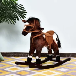Qaba Kids Metal Plush Ride On Rocking Horse Chair Toy With Realistic Sounds Dark Brown/White