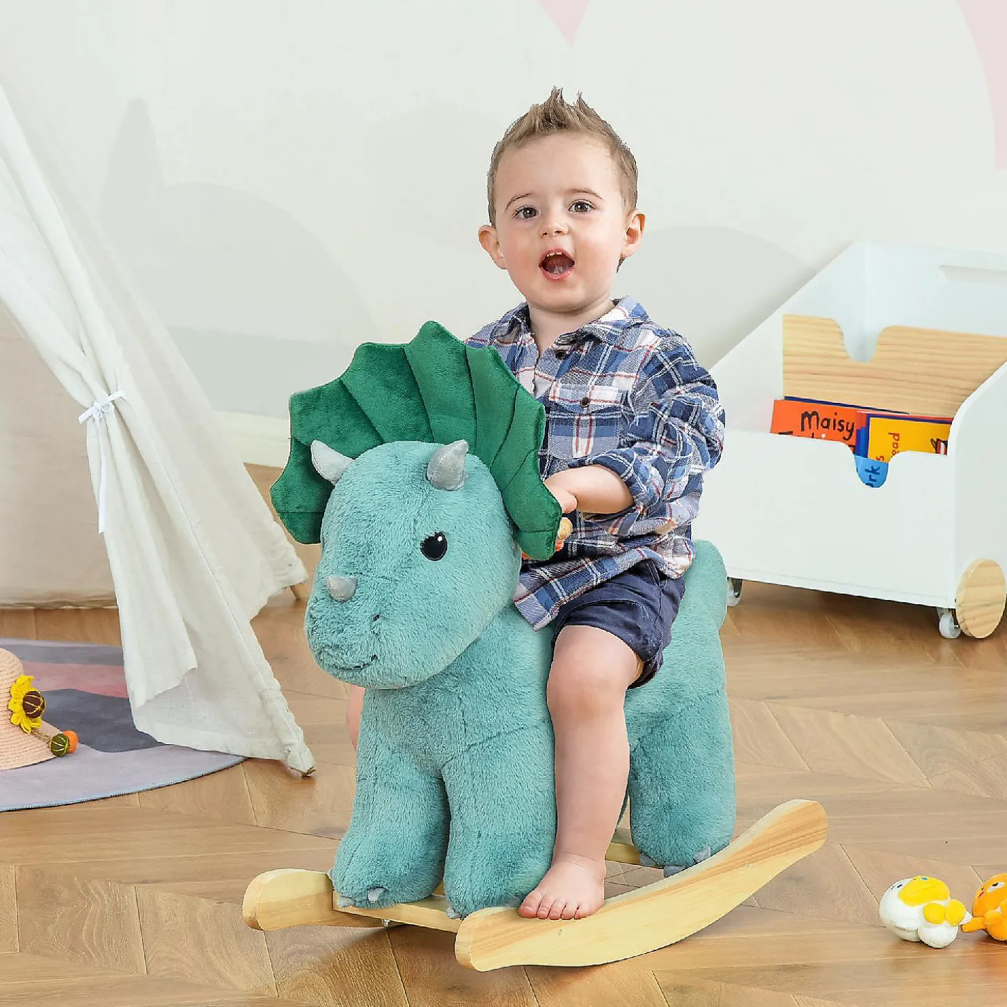 Qaba Kids Plush Ride On Rocking Horse Triceratops Shaped Plush Toy Rocker With Realistic Sounds For Child 36 72 Months Dark Green