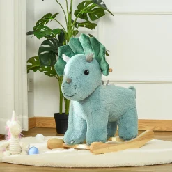 Qaba Kids Plush Ride On Rocking Horse Triceratops Shaped Plush Toy Rocker With Realistic Sounds For Child 36 72 Months Dark Green
