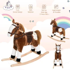 Qaba Kids Plush Toy Rocking Horse Pony Toddler Ride On Animal For Girls Pink Birthday Gifts With Realistic Sounds Brown