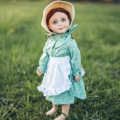 The Queen's Treasures 18 Inch Girl Doll Clothes, Little House On The Prairie Green American Calico Dress With Apron And Straw Bonnet