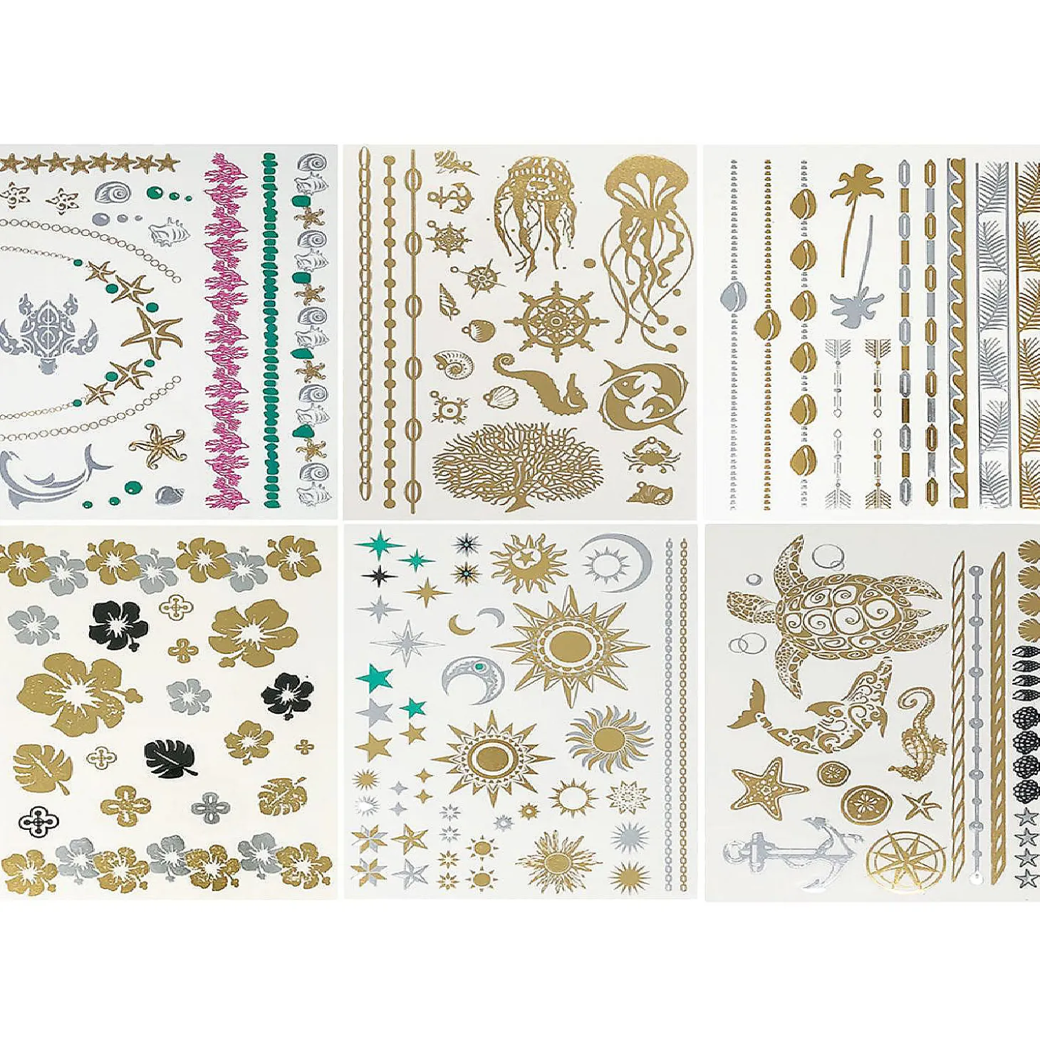 Wrapables® Celebrity Inspired Temporary Tattoos In Metallic Gold Silver And Black (6 Sheets), Large, Marine Animals