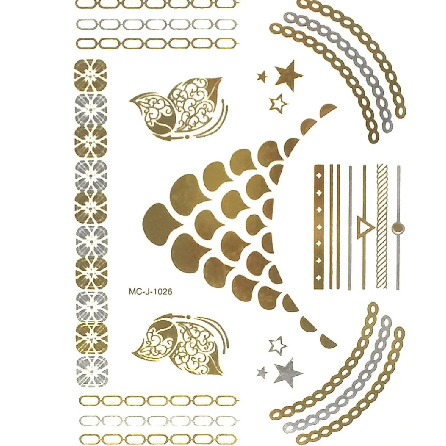 Wrapables Large Metallic Gold Silver And Black Body Art Temporary Tattoos, Statement Necklace, Chains, Bands